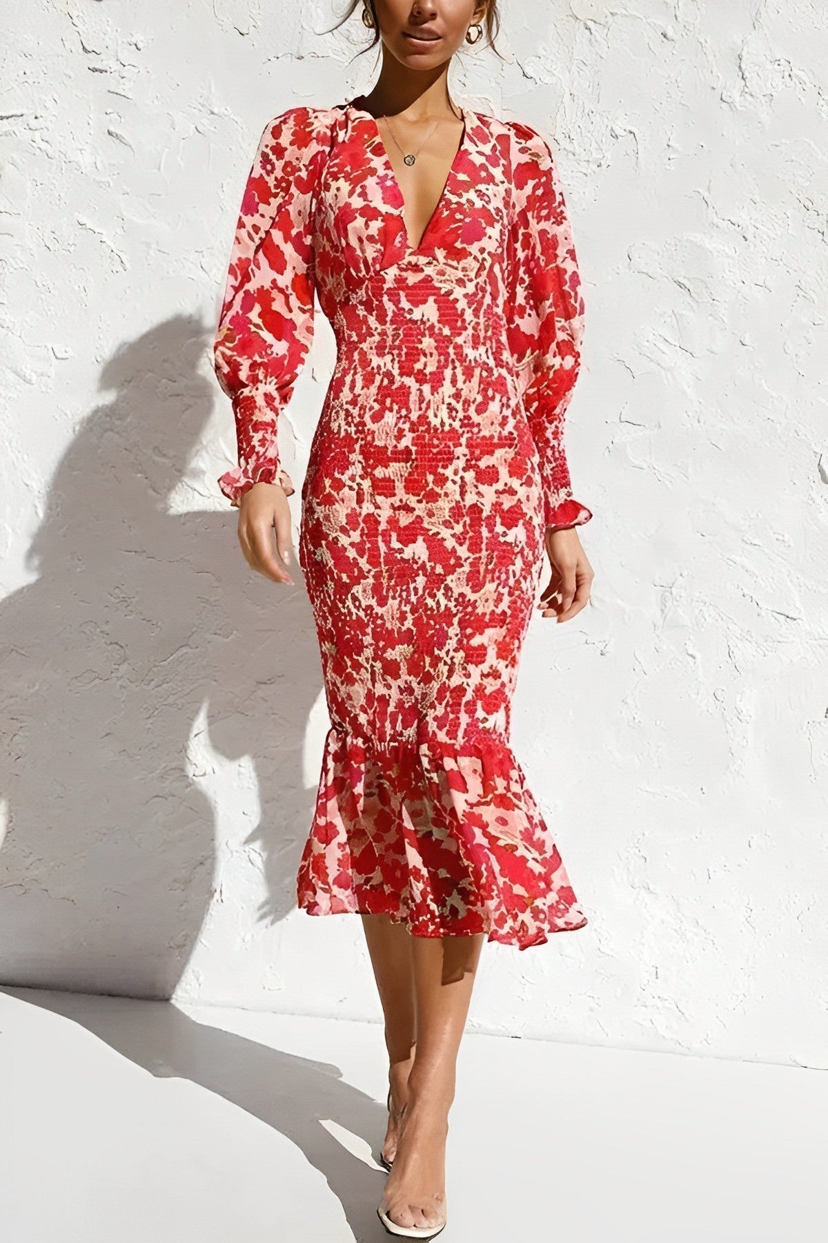Floraler Bischofsärmel Midikleid