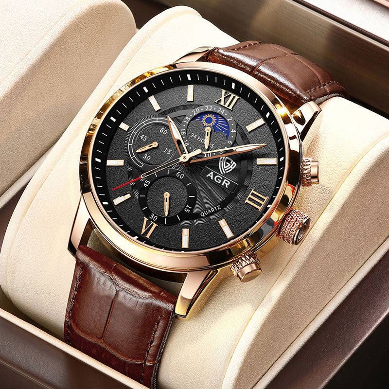 Luxus Quarz Uhr mit Lederarmband