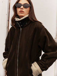 Vintage-Braune Jacke mit Fleece-Futter und lockerer Passform
