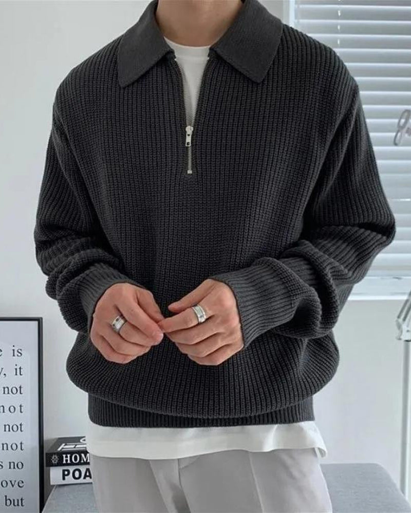 Aaron | Cozy halbem Reißverschluss Herren Gerippt Strickpullover mit Polokragen