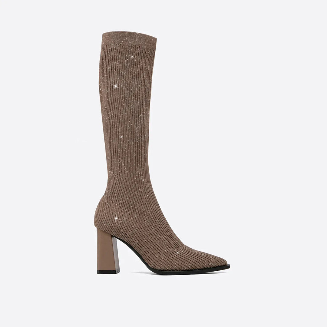 AMELIA - Trendige hohe Strickstiefel mit bequemem Blockabsatz