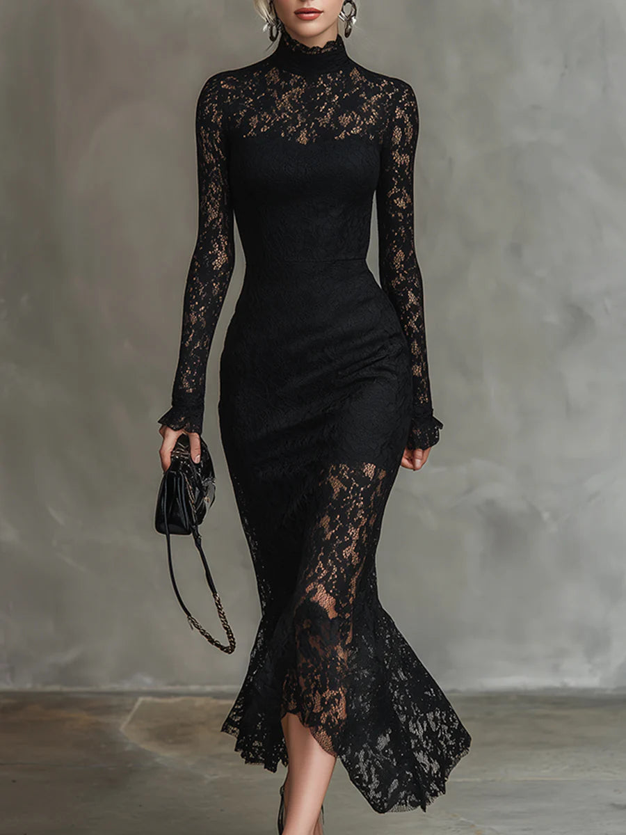Veronika | Schwarzes Spitzen-Maxikleid
