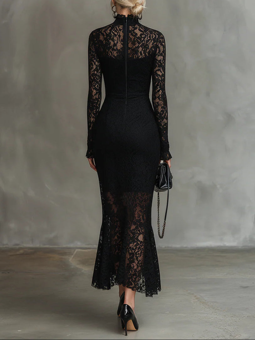 Veronika | Schwarzes Spitzen-Maxikleid