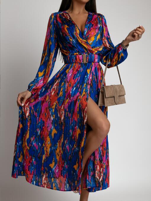 Lässiges Midi A-Linien Kleid mit Naturdruck und Hoch Taille