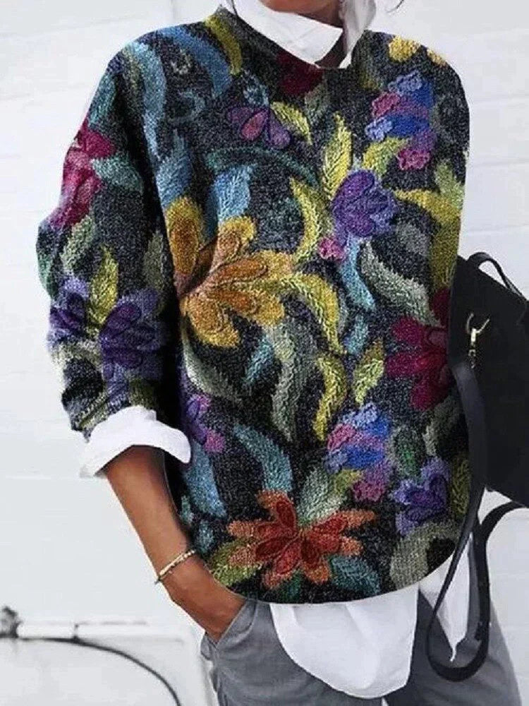 Olive - Stylischer geblümter Pullover für einen eleganten Look