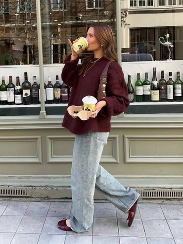 Damen Pullover Bordeaux – Warmer Strickpullover mit Rundhals