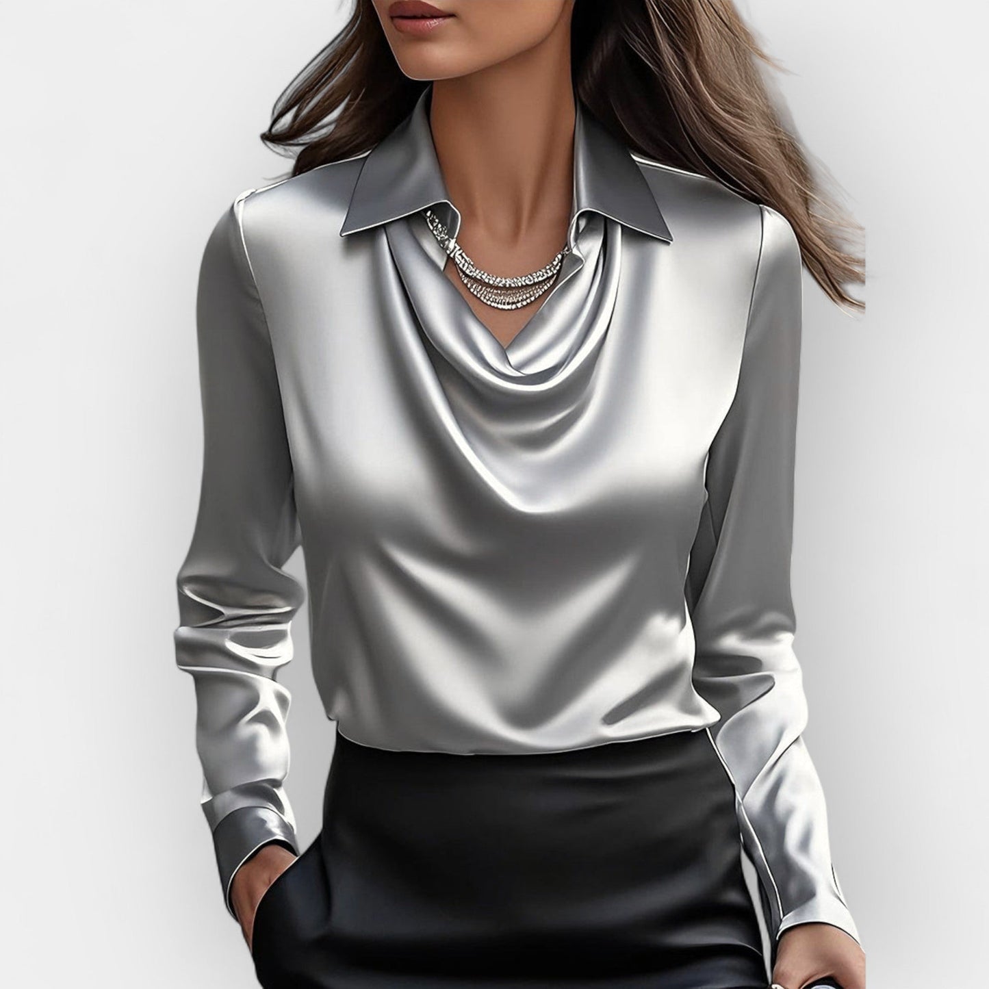 Satinbluse Damen | elegante Bluse mit fließendem Wasserfallkragen