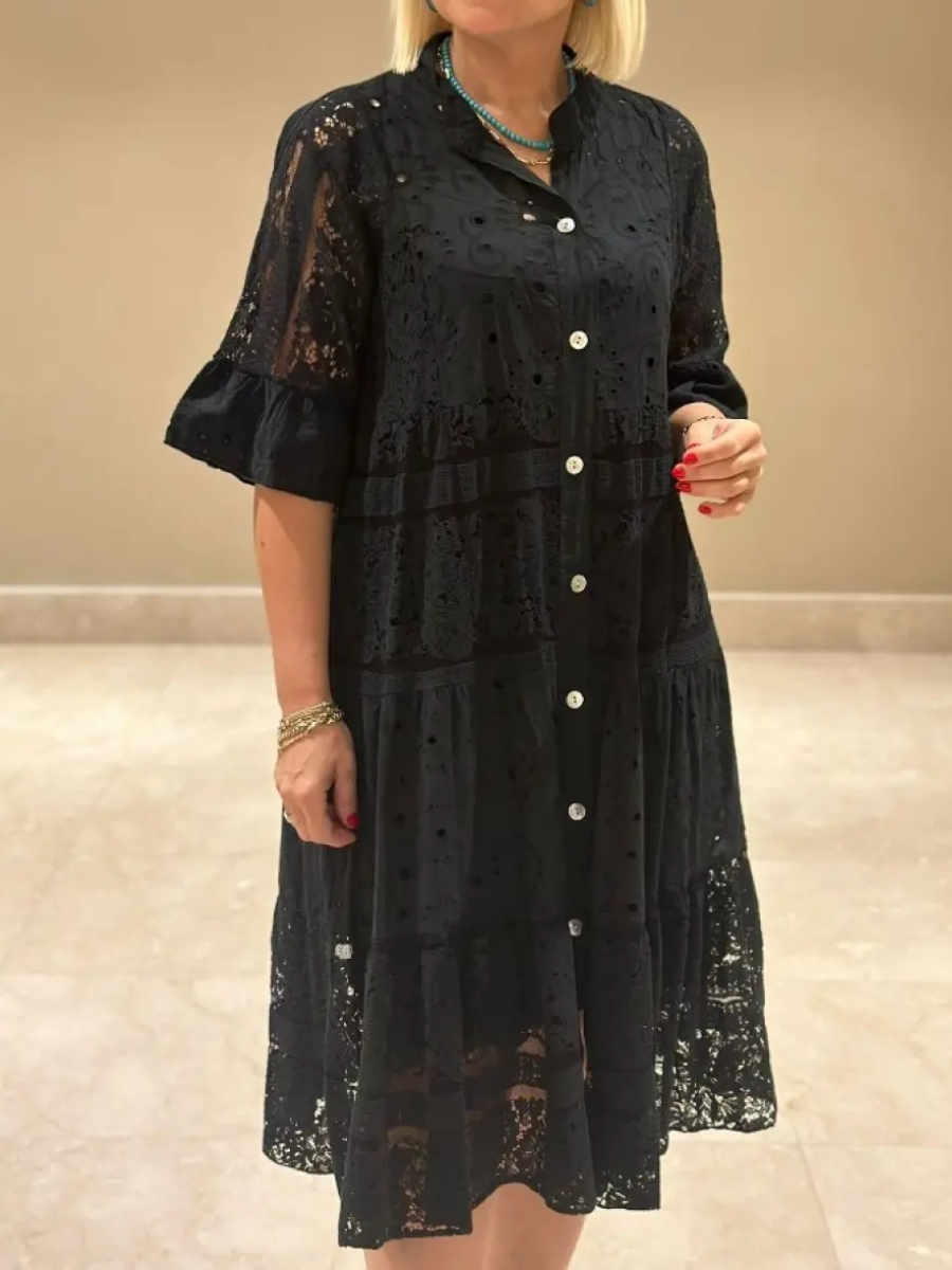 Emberly™ – Locker sitzendes Kleid mit Stickerei und Knopfleiste